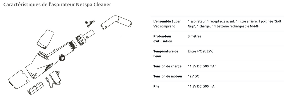 Aspirateur Électrique Sans Fil NetSpa Cleaner pour Spa et Piscine Hors-Sol