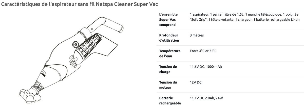 Aspirateur Électrique Sans Fil NetSpa Super Vac avec Manche Télescopique