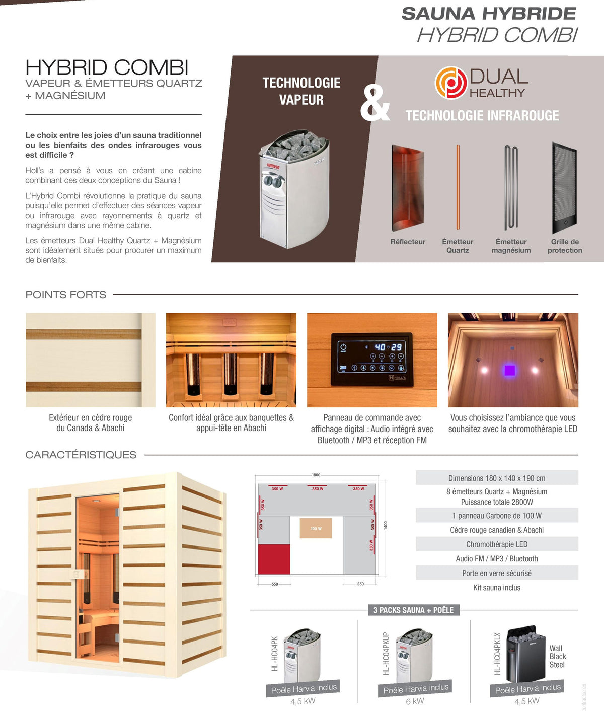 Sauna Traditionnel et Infrarouge Hybride Combi Holl's