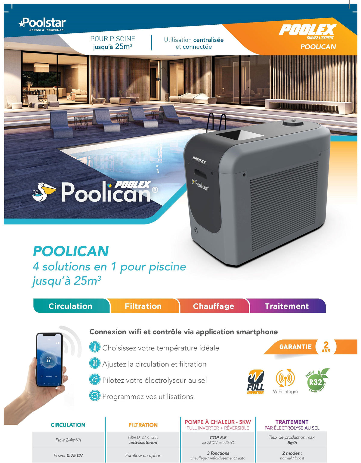 Bloc de Filtration Tout-en-Un 4-en-1 Poolex Poolican avec Pompe à Chaleur