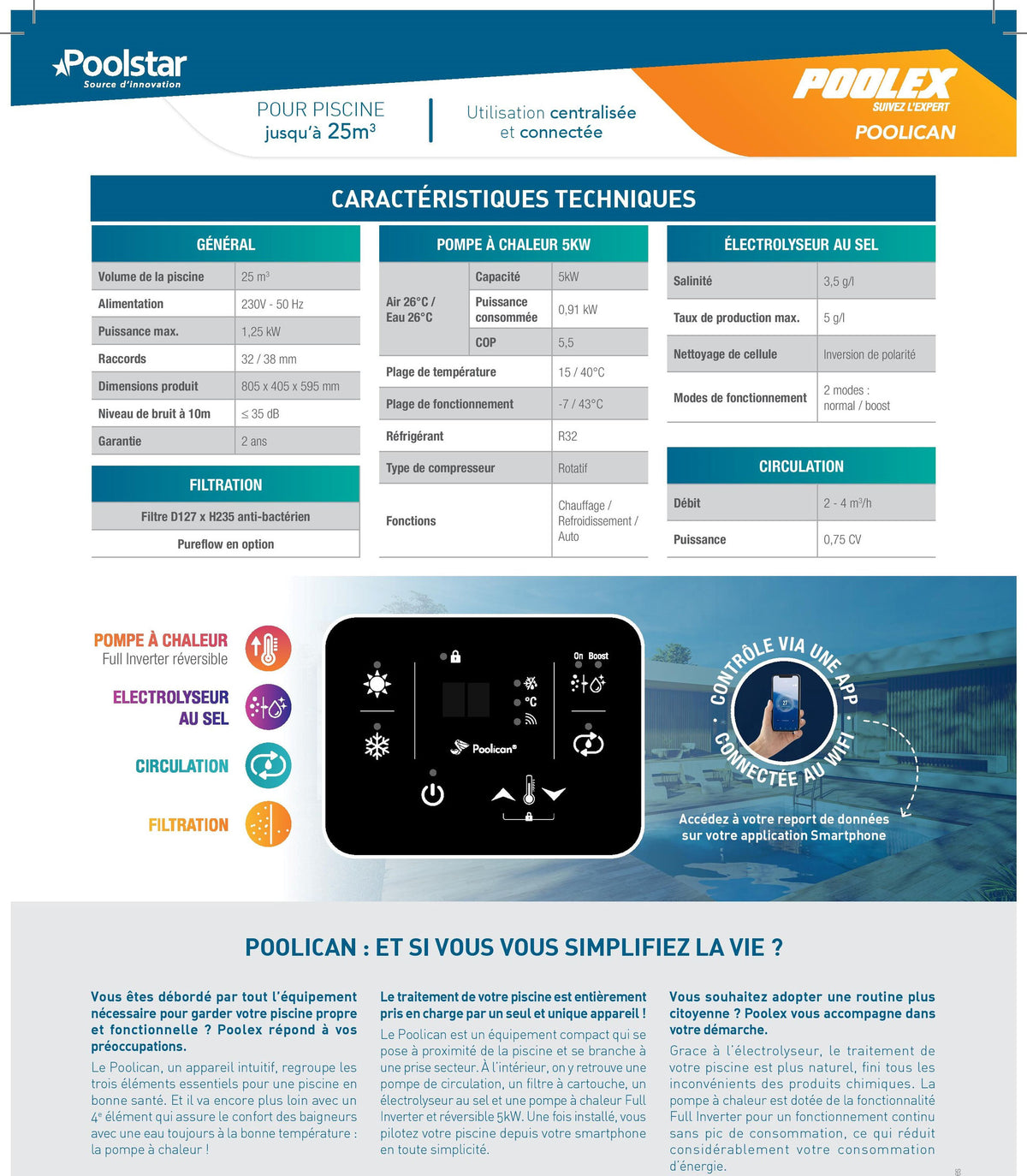 Bloc de Filtration Tout-en-Un 4-en-1 Poolex Poolican avec Pompe à Chaleur